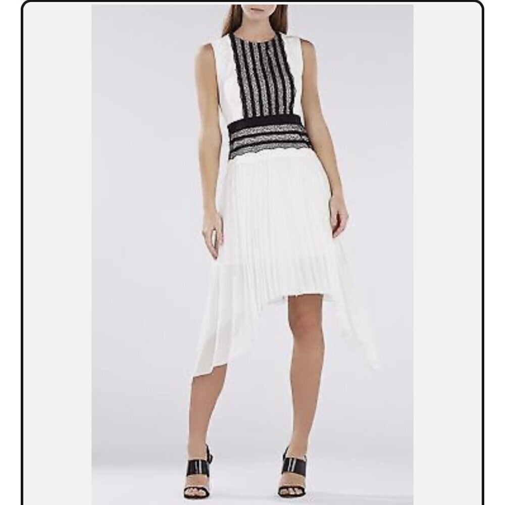 Bcbgmaxazria "Adelyn" Off White Sleeveless Pleated Skirt Lace Trim Dress, Size 4